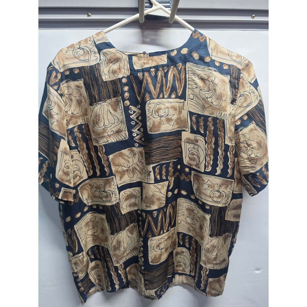 Anna and Frank Vintage Silk Abstract Geometric Print Short Sleeve Blouse Navy L